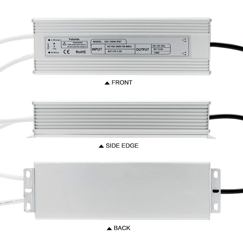 Yetaida 150W IP67 Waterproof LED Driver Transformer, 12V DC 12.5A Power Supply For Outdoor/Indoor Strip Lights - View #4