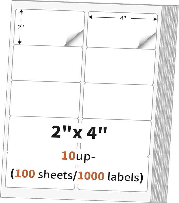2"x 4" (100 Sheets) Address Labels, Labels Sticker Paper | for Laser/Ink Jet Printer, Printable and Writable White Sticker Labels- Matte, 10 per Page Labels (Total 1000 Labels)