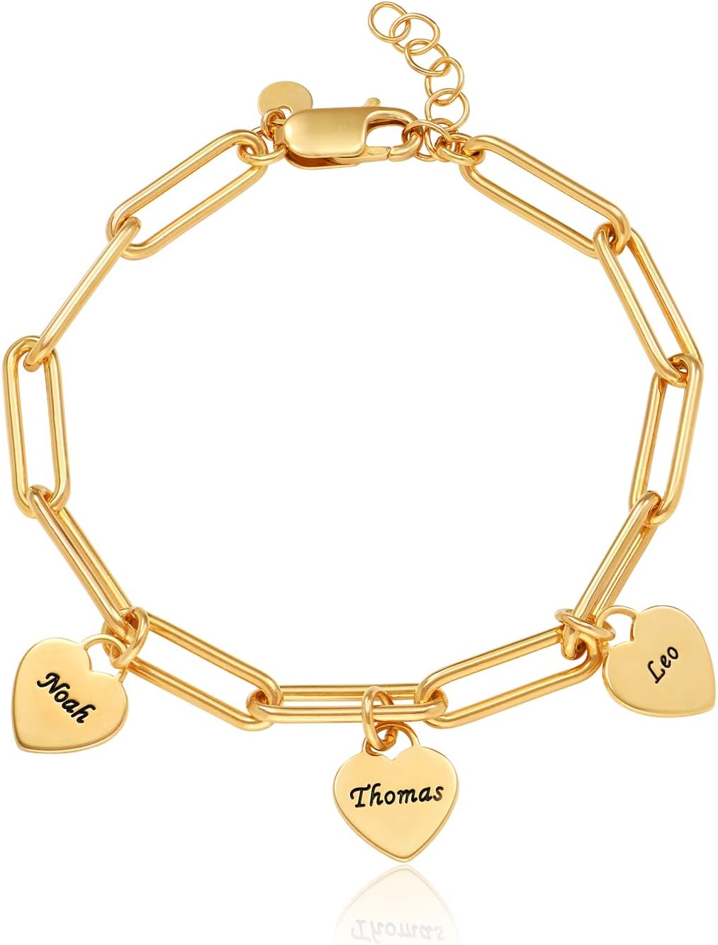 Personalized Heart Charm Link Bracelet for Women – Custom Engraved Heart Charms, Silver Plated, Gold Plated, Rose Gold Plated or Gold Vermeil Chain Bracelet