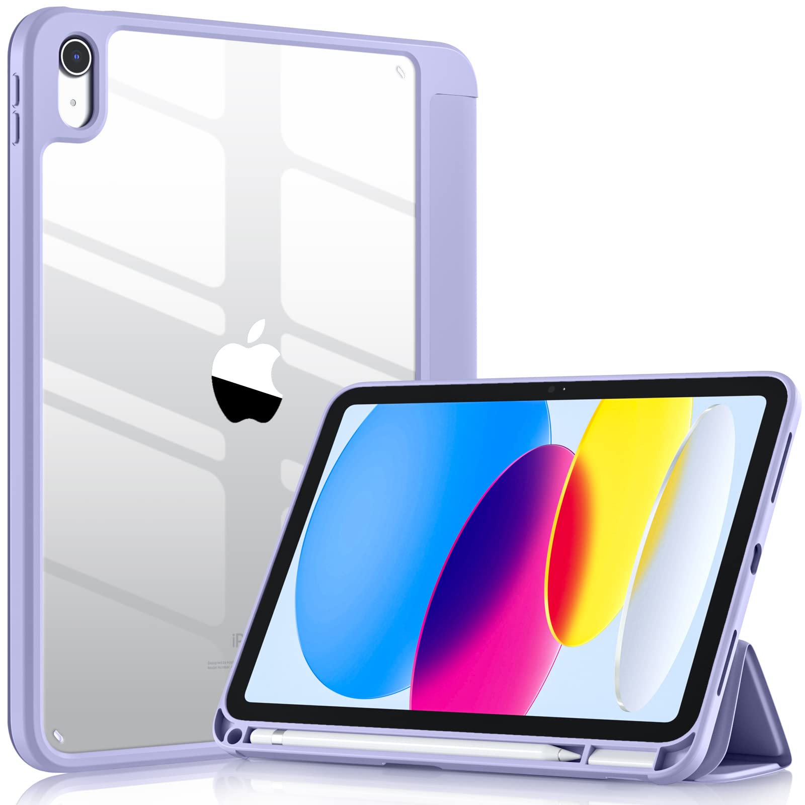 Wenlaty Case Compatible with iPad 10th Generation 2022 10.9 Inch with Pencil Holder, Slim Protective Cover with Clear Back Shell for iPad 10th Gen A2696 A2757 A2777, Auto Wake/Sleep, Lavender Purple