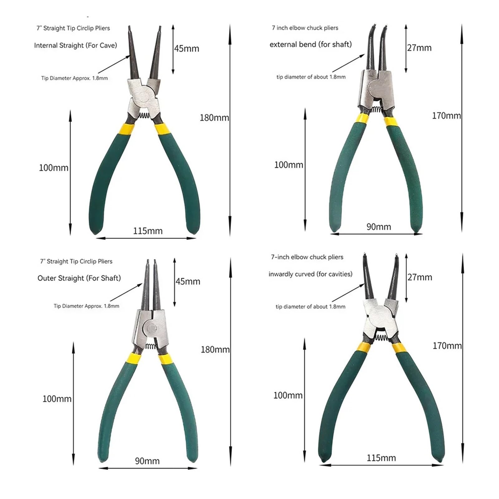 Set Di 4 Pinze for Anelli Elastici Da 7 Pollici, A Becco Lungo, Piegato, Interno Ed Esterno, Strumento Di Rimozione Dell'anello Elastico Di Fissaggio