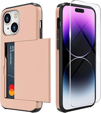 ZUSLAB Card Holder Slot Case Compatible with Apple iPhone 15 6.1 Inches 2023, Phone Wallet Case with 1 Tempered Glass Screen Protector, Rubber & PC Bumper Cover for Women Men, Rose Gold