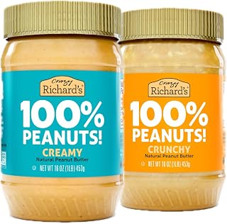 Crazy Richard's 100% Natural No-Stir Peanut Butter Variety Pack: Creamy & Crunchy, No Sugar, Vegan Non-GMO (2x1lb Jars)