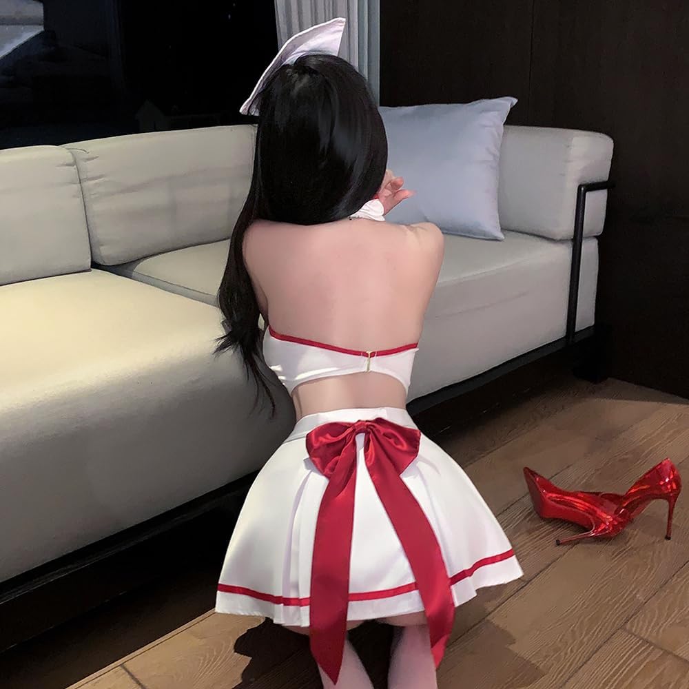 sexy nurse costume outfit for women lingerie Dress Babydoll Cosplay mini backless Uniform Anime Roleplay cute Halloween hat Headpiece Set with Headband white