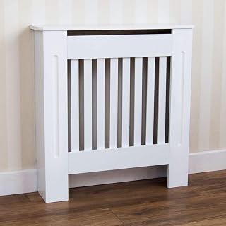 BRIEFNESS Radiator Cover Small, MDF Radiator Shelf, Heating Hide-Out Cover, Modern Cabinet Top, Vertical Slat, White Painted, for Living Room Bedroom Hallway Decor Display Heater Safety Protection