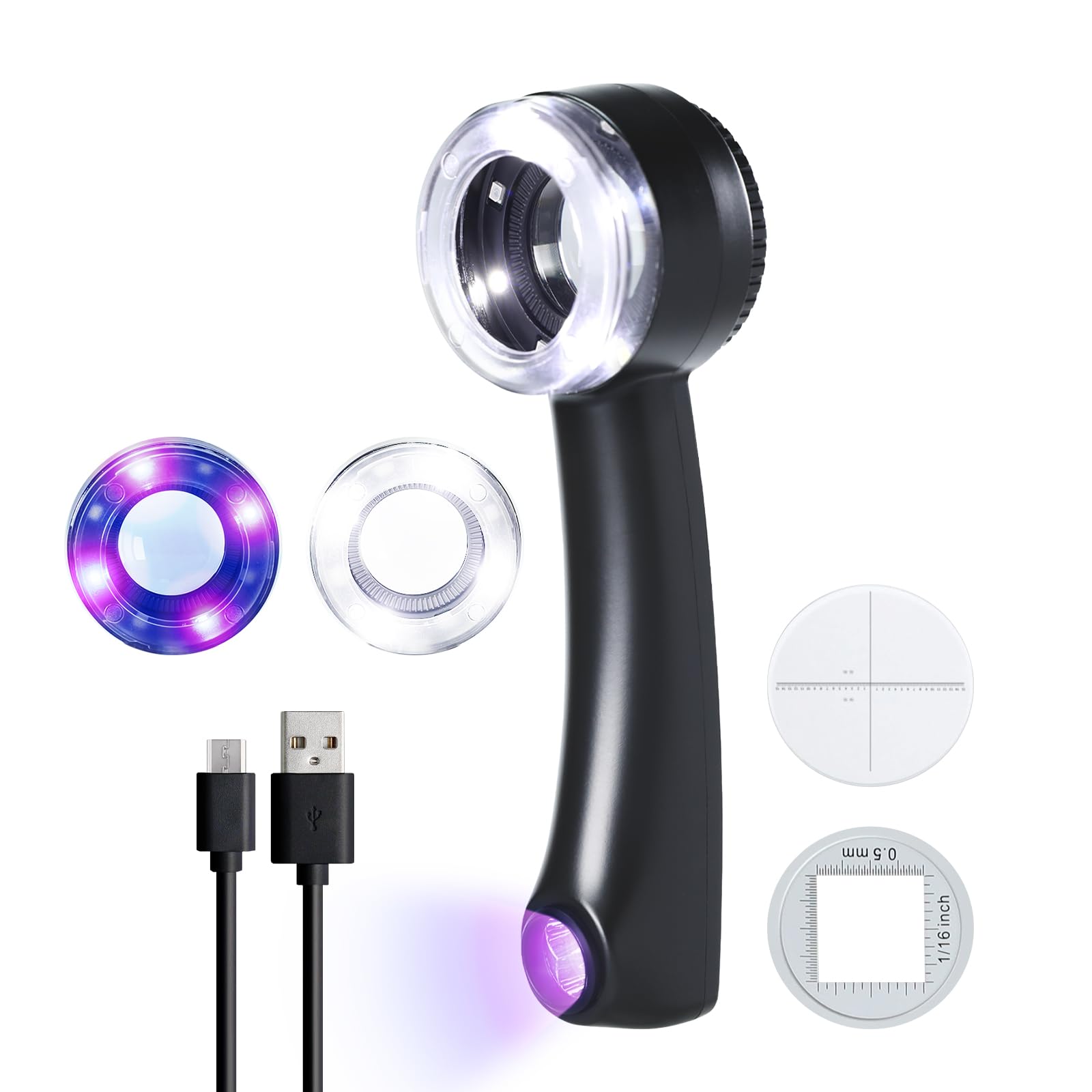 10X Magnifying Loupe with K9 Optical Glass, Adjustable LED/UV Lights, Tri-Color Illumination, Removable Scales, USB-C Rechargeable, for Jewelry, Coins, Stamps, and Electronics