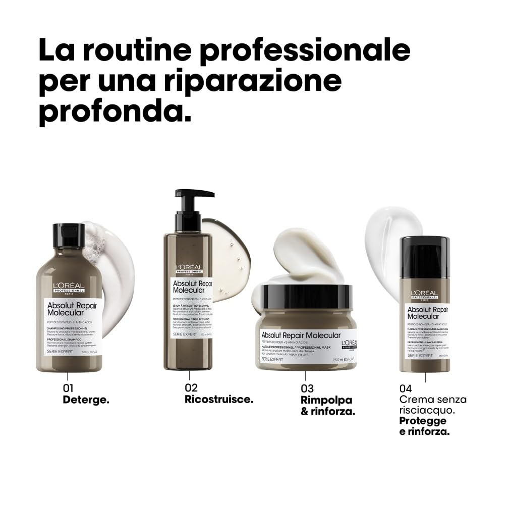 L’Oréal Professionnel Paris, Balsamo Liquido Ristrutturante, Tutti i Tipi di Capelli Danneggiati, Riparazione dei Danni, Con Risciacquo, Senza Solfati, Absolut Repair Molecular, SERIE EXPERT, 250 ml