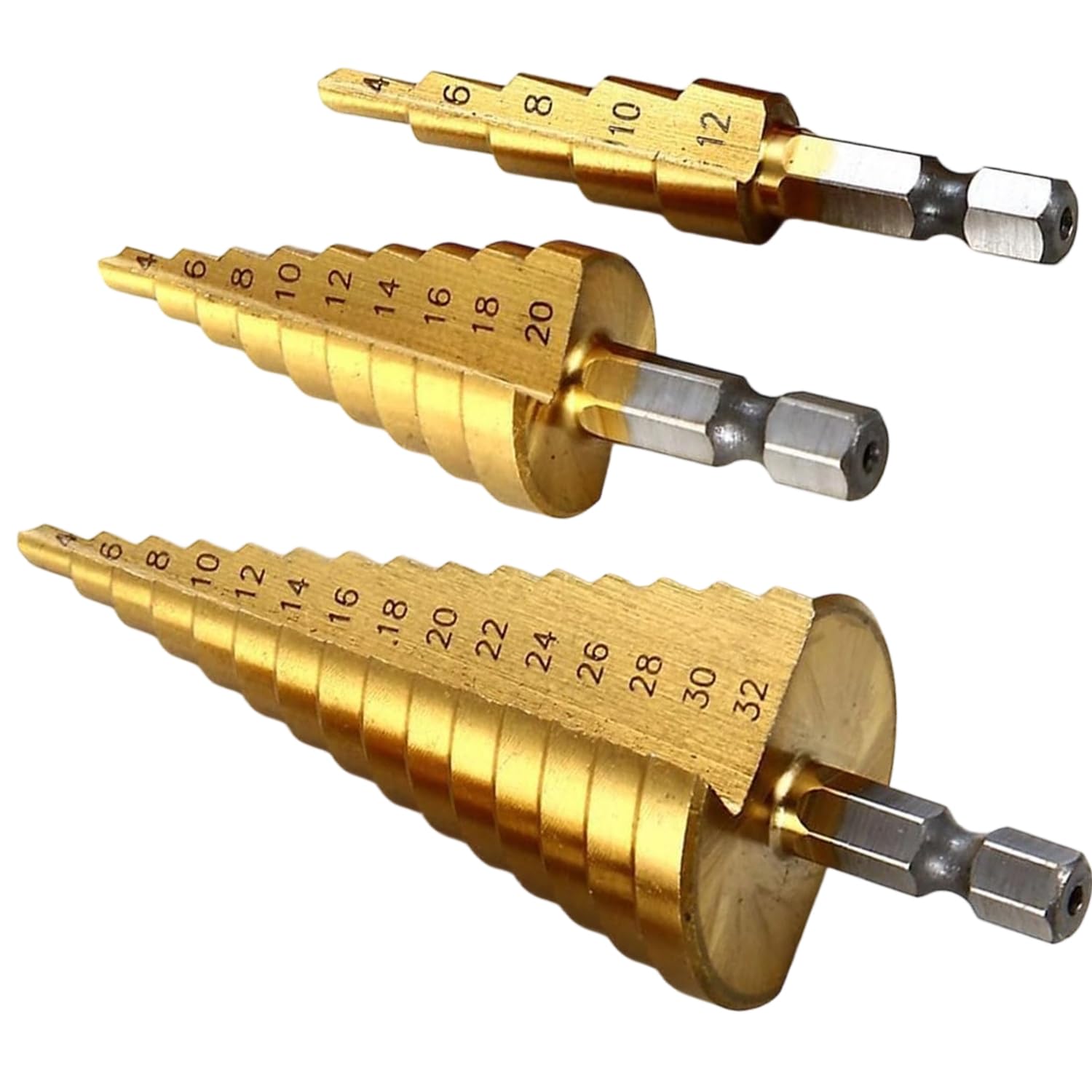3 Pcs Large HSS Steel Step Cone Drill Bit Set – Durable Titanium Coated, 4-12mm, 4-20mm, and 4-32mm Sizes for Metal, Wood, and Plastic