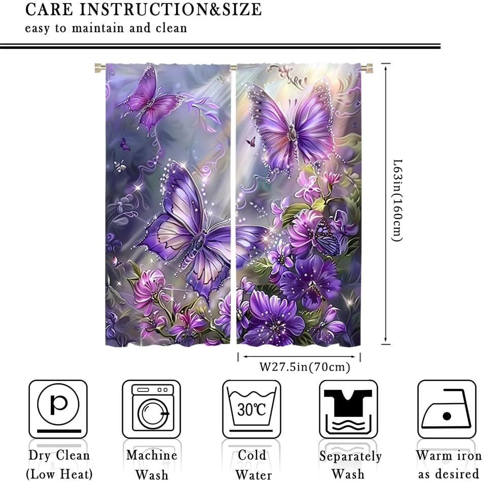 Brebasf Watercolor Butterflies Blackout Curtain Abstract Romantic Purple Flowers Floral Fly Butterfly Spring Garden Rod Pocket Window Insulating Decor for Bedroom Curtains 2 Panels 63" L x 27.5" W