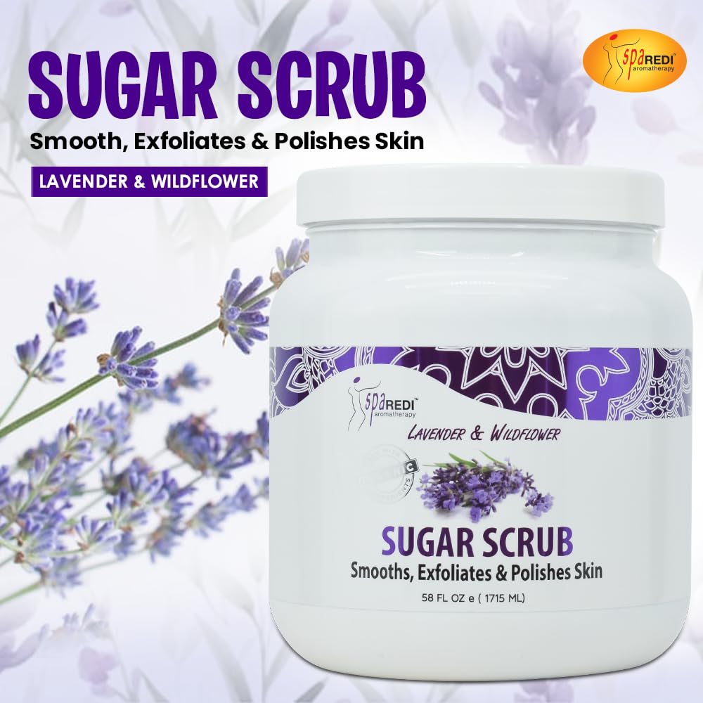 SPA REDI Sugar Scrub - Exfoliating, Moisturizing, Hydrating and Nourishing, Glow, Polish, Smooth and Fresh Skin - Body Exfoliator, Lavender & Wildflower - 58 Ounces