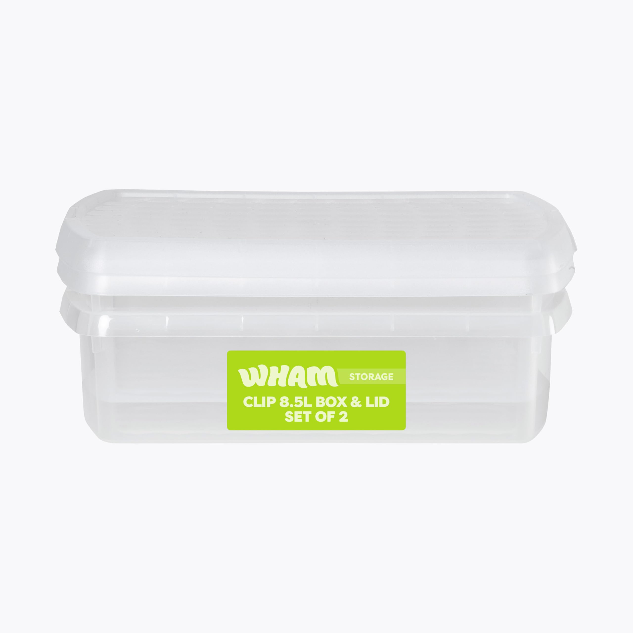 Wham Clip 2 x 8.5L Rectangular Stackable Plastic Storage Boxes with Lids | Ideal for Home, Office, Toys & More | Storage Containers with Clip Locks | Made in UK - Clear/Clear