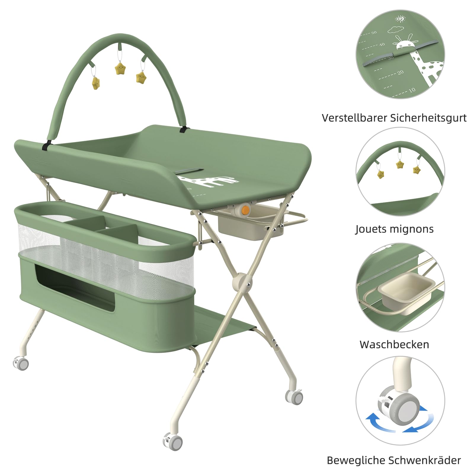 homewell 2 in 1 Baby Wickelkombi Spielzentrum, Höhenverstellbar, mobiler Wickeltisch klappbare mit Spielständer Sicherheitsgurt Aufbewahrungskorb Wickelauflage (Grün)