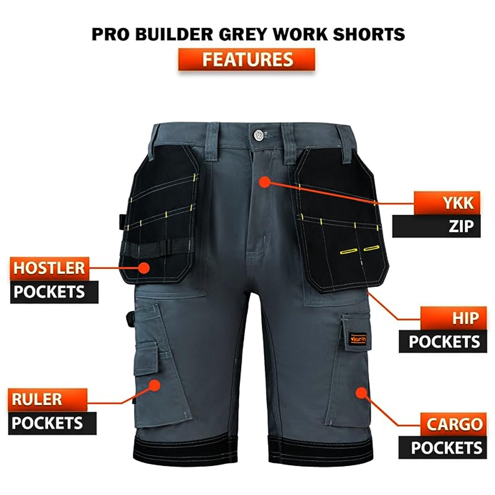 WRIGHT FITS WrightFits Short de Travail Pro Builder pour Hommes - Noir - Short Poches Multiples d'été Cargo de pour travaux Lourds