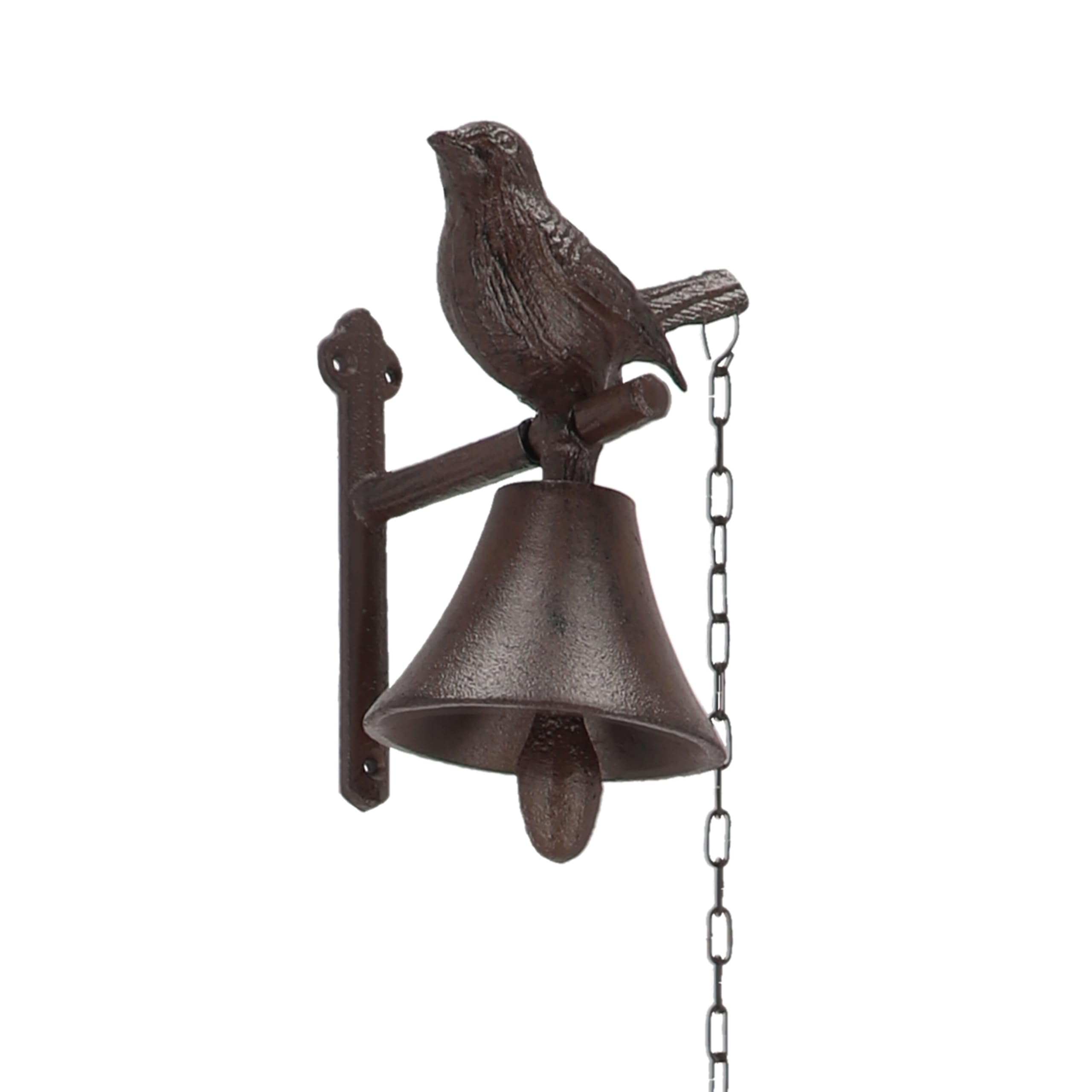 Esschert Design Cloche de Porte en Fonte avec Oiseau et Cordon de Serrage Blanc 12 x 14,2 x 18,5 cm