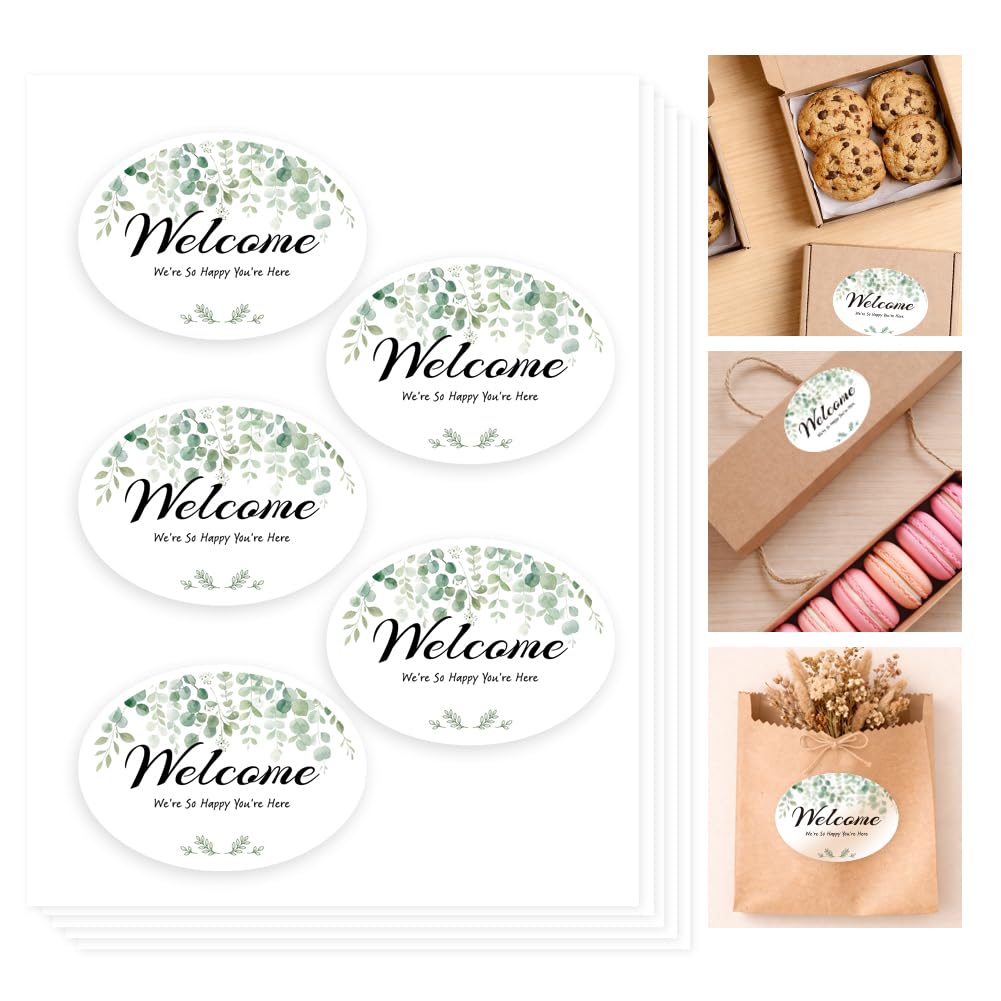 GOMAKERER 250 Pcs Welcome Stickers, Greenery Welcome Favor Labels Wedding Favor Bag Sticker Labels for Wedding Bridal Shower Birthday Baby Shower Party Gift Bags Invitation Card Envelope Seals