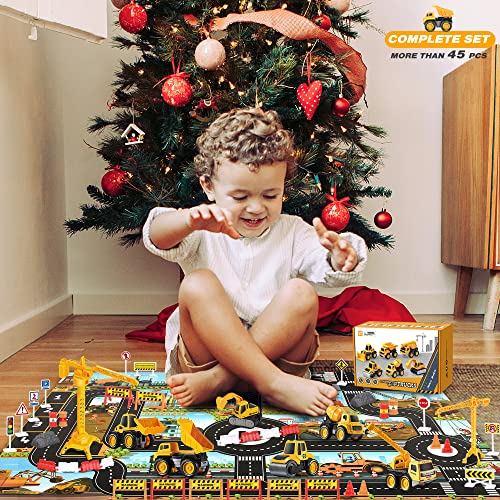 Pull Back Construction Vehicle Toys for Kids, Pull Back Construction Toy Trucks for Boys Age 3 4 5, (45pcs) Small Diecast Construction Site Toys Crane Mat Friction Powered Sandbox Dump Truck Gift - Thumbnail 2