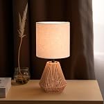 KUNJOULAM Rattan Table Lamp, 14" Small Nightstand Bedside Lamp with Linen Fabric Lampshade, Desk Lamp Room Decor for Bedroom Living Room Home Office