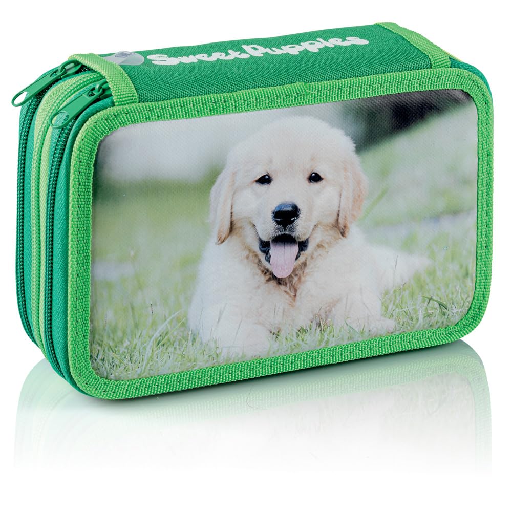 Favorit Sweet Puppies 3 Zip School Pencil Case Holds 12 Crayons and 18 Markers 20cm x 13cm x 7.5cm with 3 Compartments