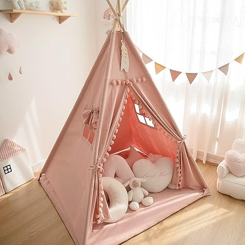 Miniatura 10 de Tienda de campaña tipo tipi para niños con alfombrilla acolchada, tienda de campaña plegable en tono para niñas y niños, casa de juegos de lona para