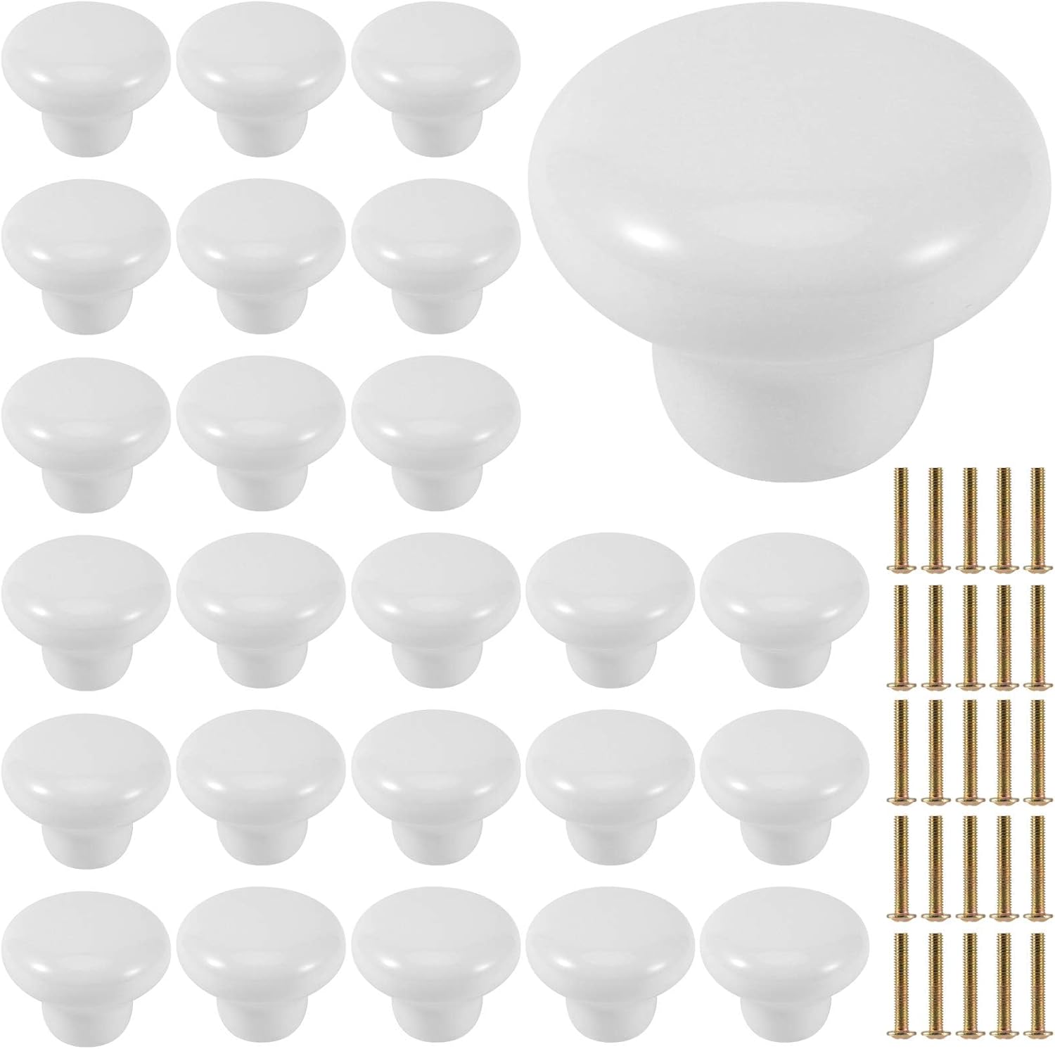 KEILEOHO 25 Pack Ceramic Cabinet Knobs, 1.26Inch/32mm White Drawer Knobs with Screws, Round Drawer Dresser Knob Pulls, White Cabinet Knob for Dresser, Door, Kitchen