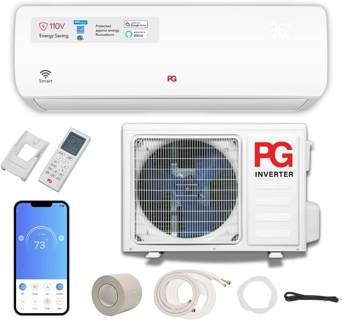 PG Mini Split Air Conditioner Heat Pump System components including indoor unit, outdoor unit, remote control, and installation accessories.