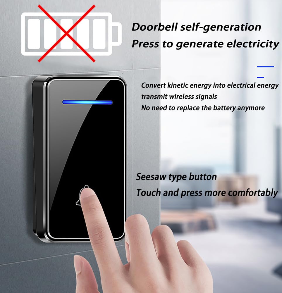 Timbre Inalámbrico Exterior Impermeable IP55,Timbre para Puerta Largo Alcance de 150m,Timbre Autoalimentado Indicador LED,1 Transmisor y 2 Receptores,5 Volumen Ajustable,60 Melodías,Negro