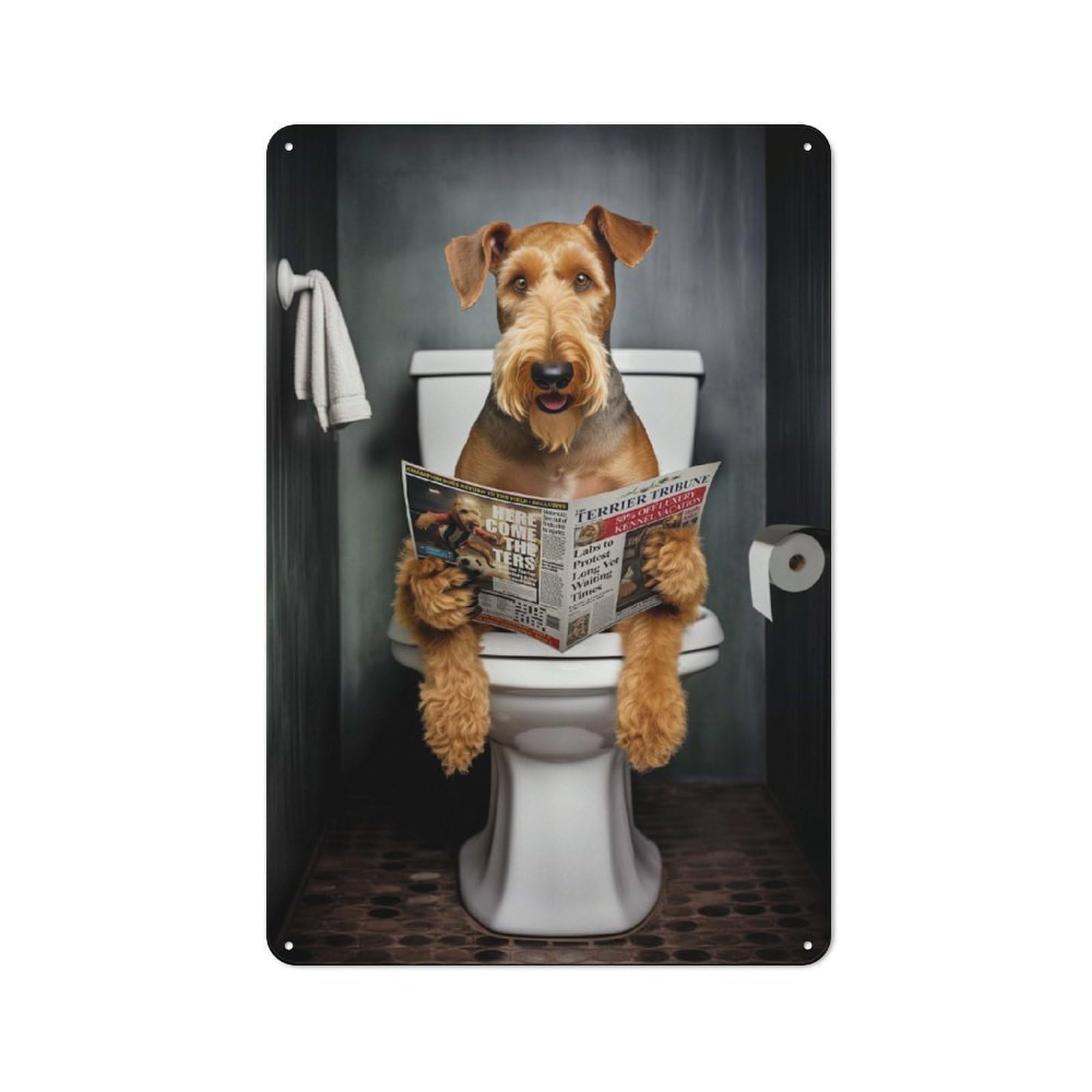 Junmoney Airedale Terrier On Toilet Cottage Style Metal Wall Decor 30X20cm, Farmhouse Metal Sign For Farmhouse Kitchen, Pantry Or Dining Area