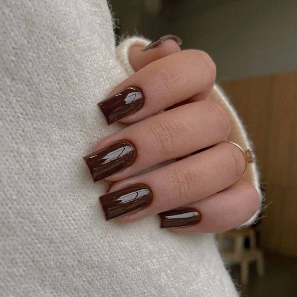 SXVME Brown False Nails Short Medium Square - Image 2