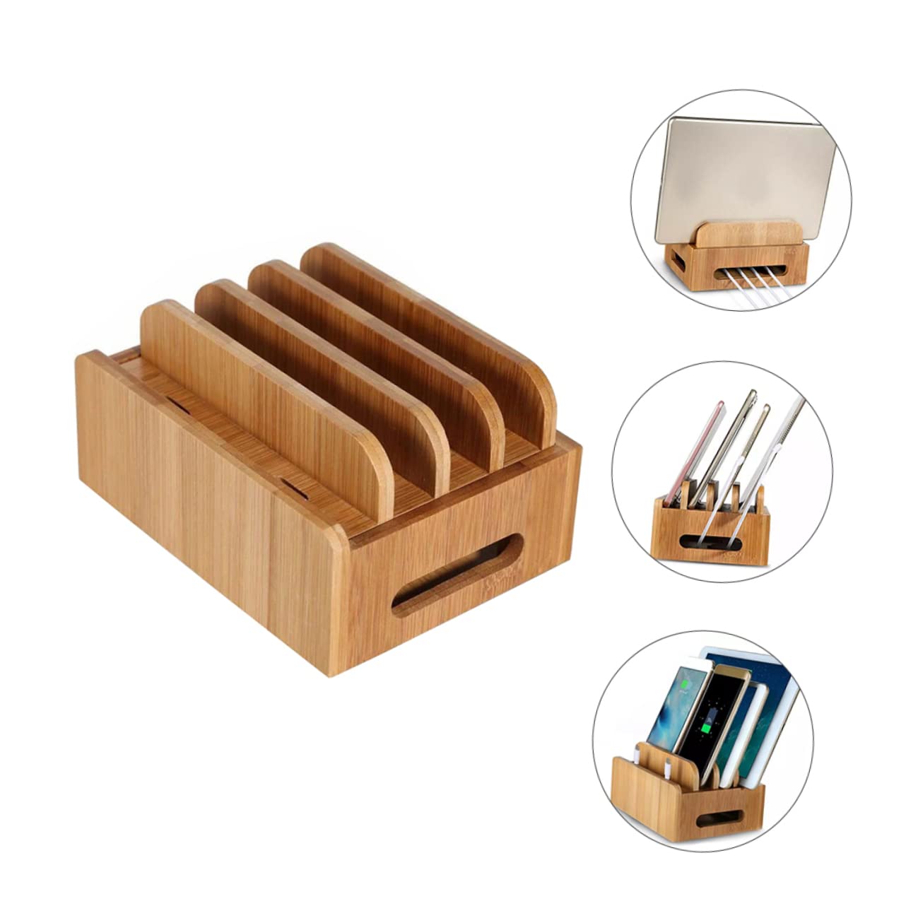 Supporto da Scrivania in Legno per Telefono e Tablet Beige | Base di Ricarica Usb, Coperchio Rimovibile, Organizzazione Domestica e Carica Simultanea