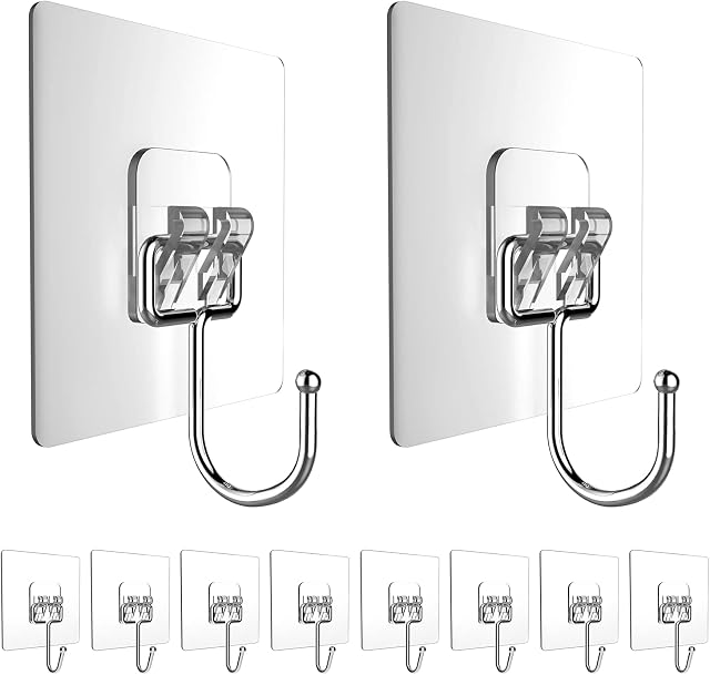 NileHome Adhesive Hooks for Hanging 10 Packs Heavy Duty Wall Hooks with Large Hooks Reusable Removable Waterproof Bathroom Hooks Transparent Sticky Hooks for Kitchen Glass Door