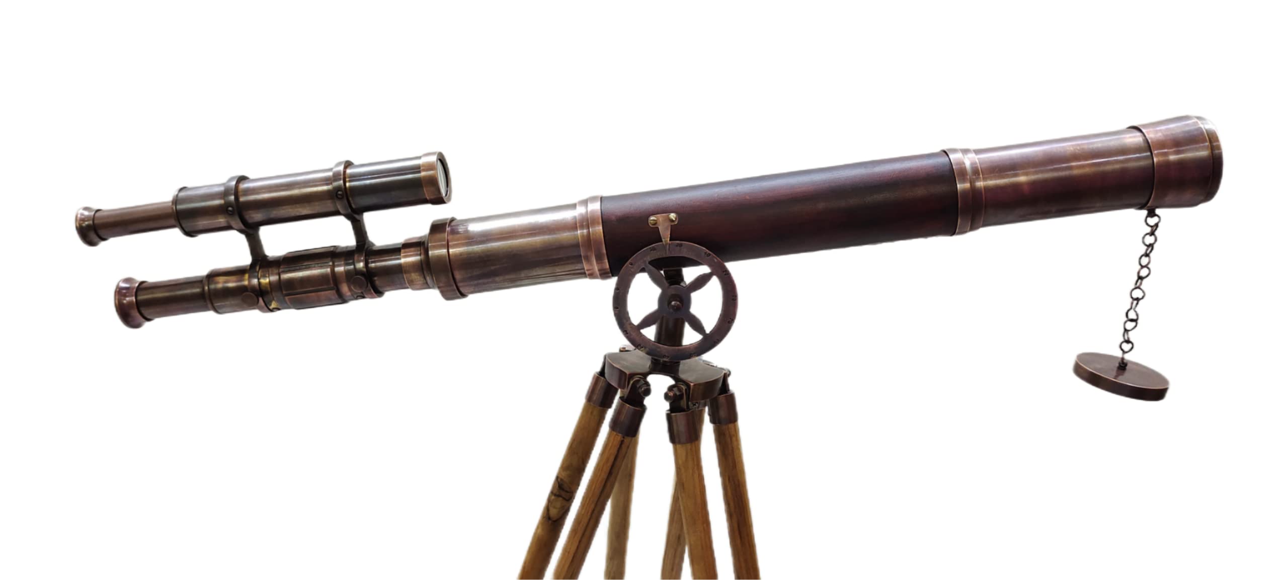 Nautical Vinatge Royal Marine Designer Double Barrel Telescope Dark Brown Leather Covered Antique Teak Wooden Tripod Authentic Handmade Spyglass Home Office Décor # Dark Edition