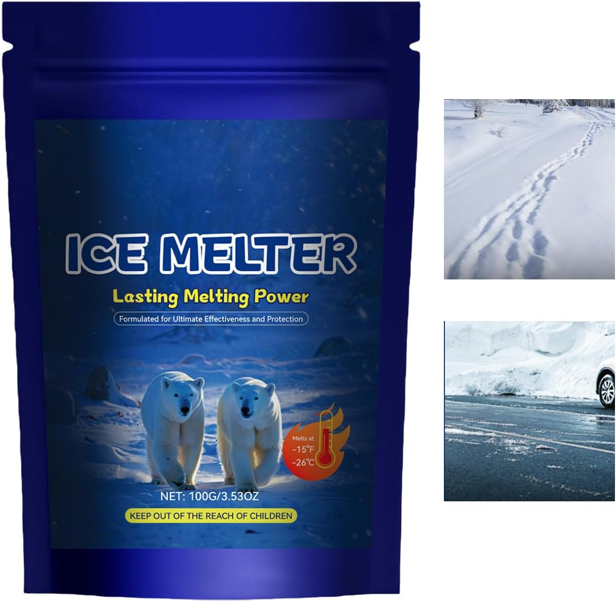 Ice Melt, 100g Snow Melting Removal, Effectively Salt for Ice and Snow for Gentle On Materials, Outdoor Deicer Solution for Sidewalk Driveway Garage Concrete Road Garden Winter Roof Community
