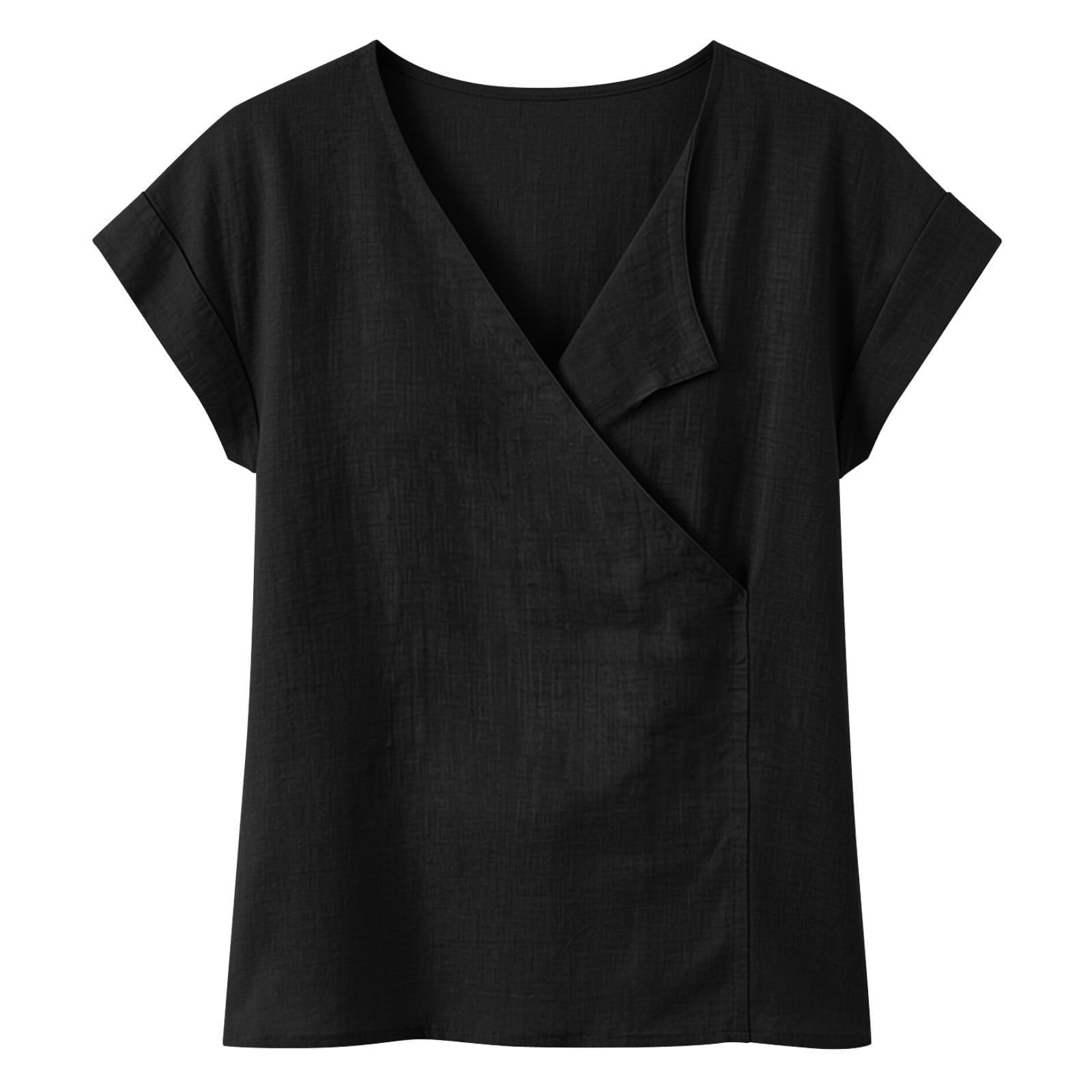 Generisch Damen-Oberteile aus Baumwoll-Leinen-Mix – Sommer-Tunika im Wickel-Look mit V-Ausschnitt, kurzen Ärmeln & Lockerem Boho-Schnitt