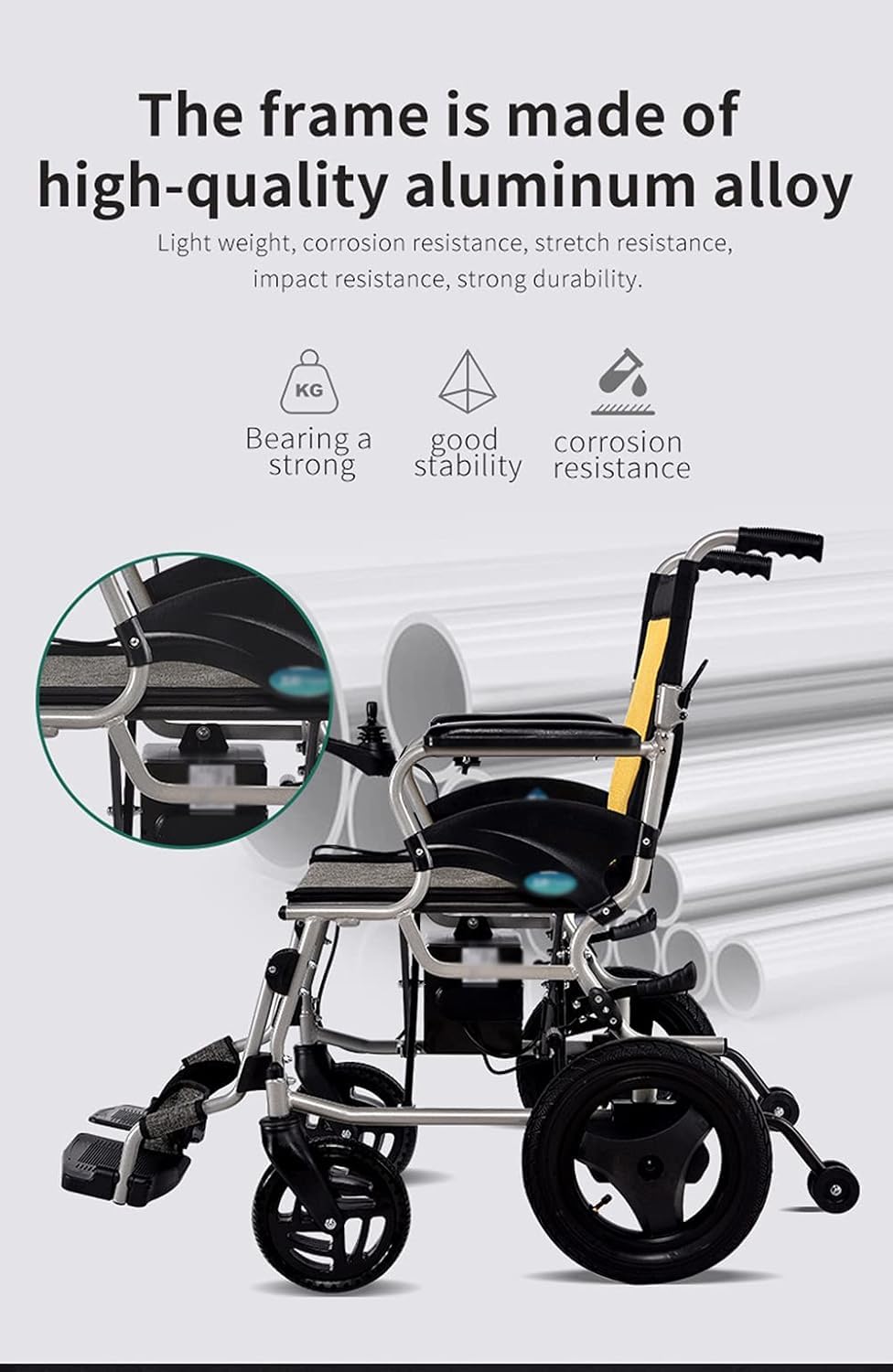 Silla de ruedas eléctrica, diseño de aluminio plegable ligero con batería de litio para mayor movilidad y portabilidad