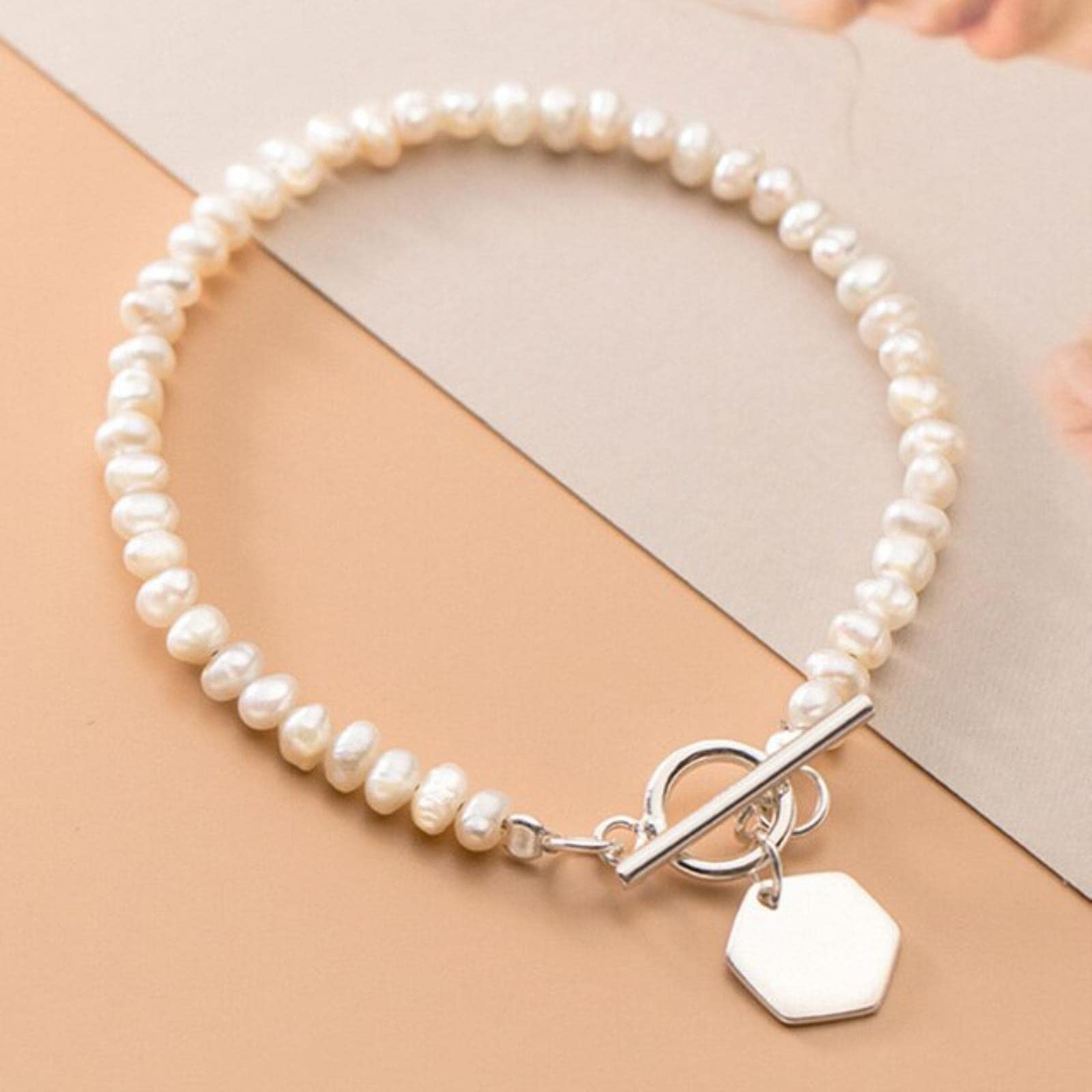 Bracciale A Catena Esagonale in Argento Sterling 925 con Perle Naturali Dolci per Gioielli da Sposa in Argento Sterling da Donna