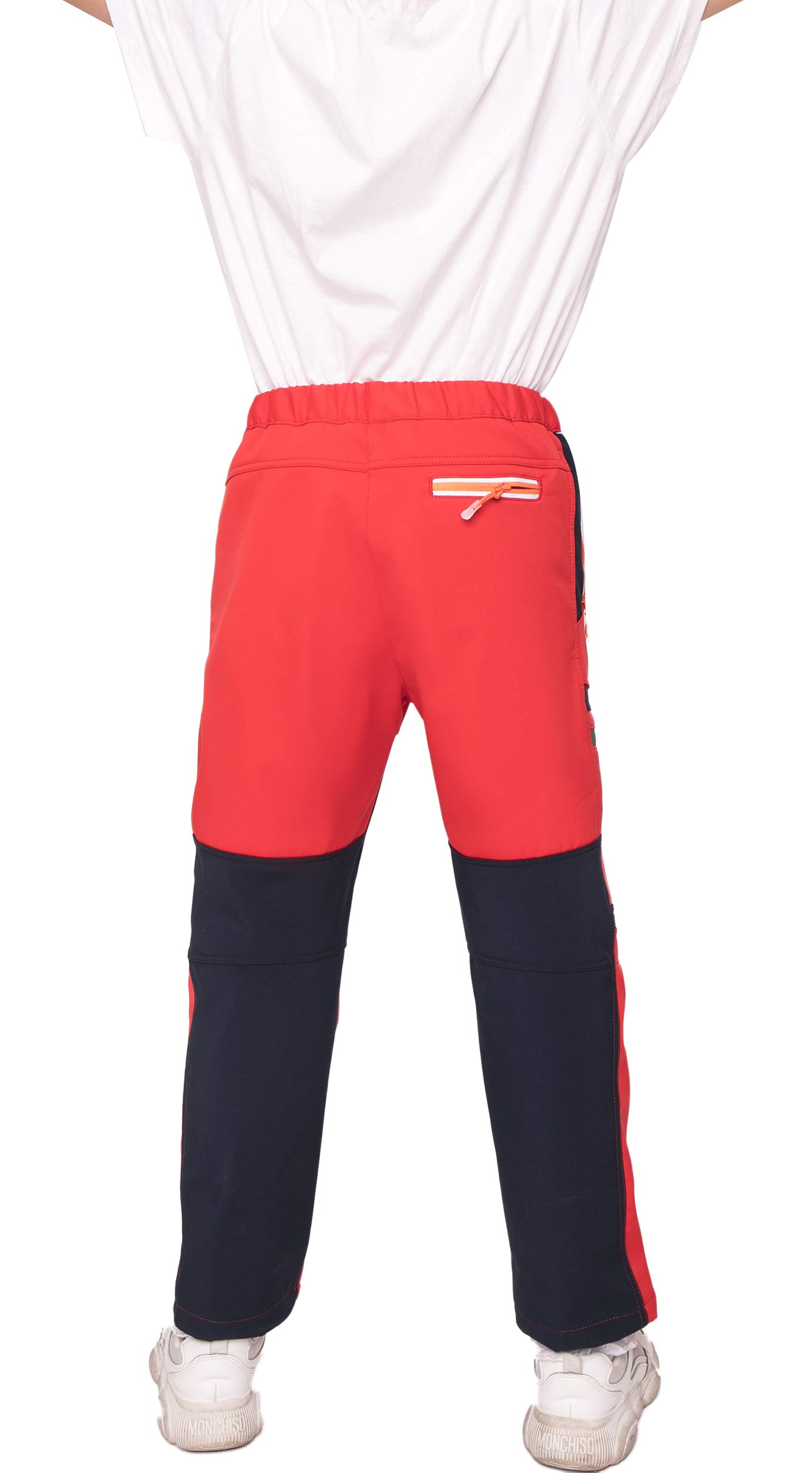 Pantalones de senderismo con forro softshell para niños, resistentes al viento, impermeables, transpirables, cálidos, para exteriores, con rayas reflectantes para niños y niñas (rojo, XL)
