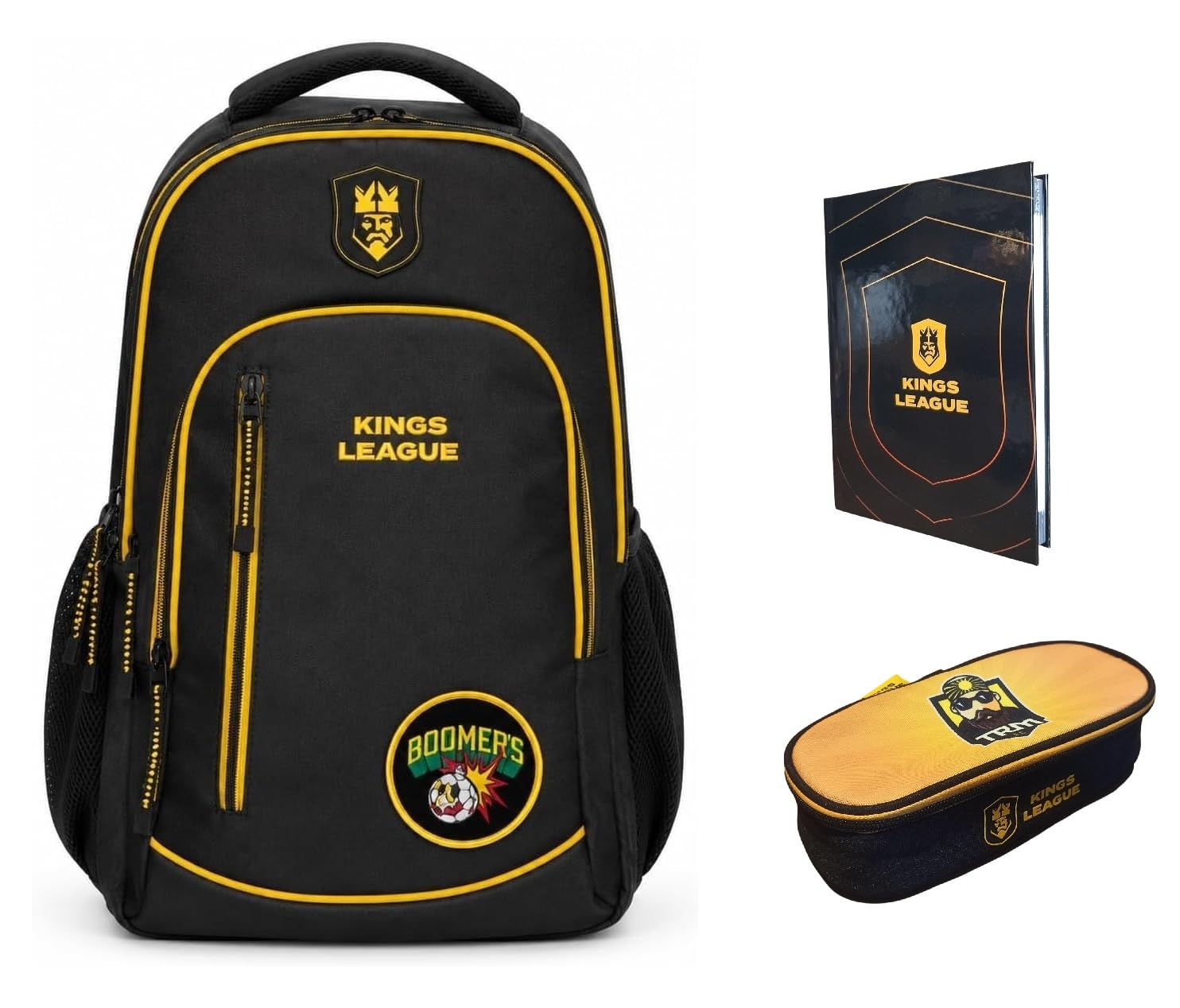 PRESTIGE & DELUXE Zaino Tondo 3 scomparti - King League Patch Intercambiabile - per la scuola primari Bambini + Astuccio FC TRM ovale 22 x 8 x 5 cm + diario + Kit penne e portachiave calcio