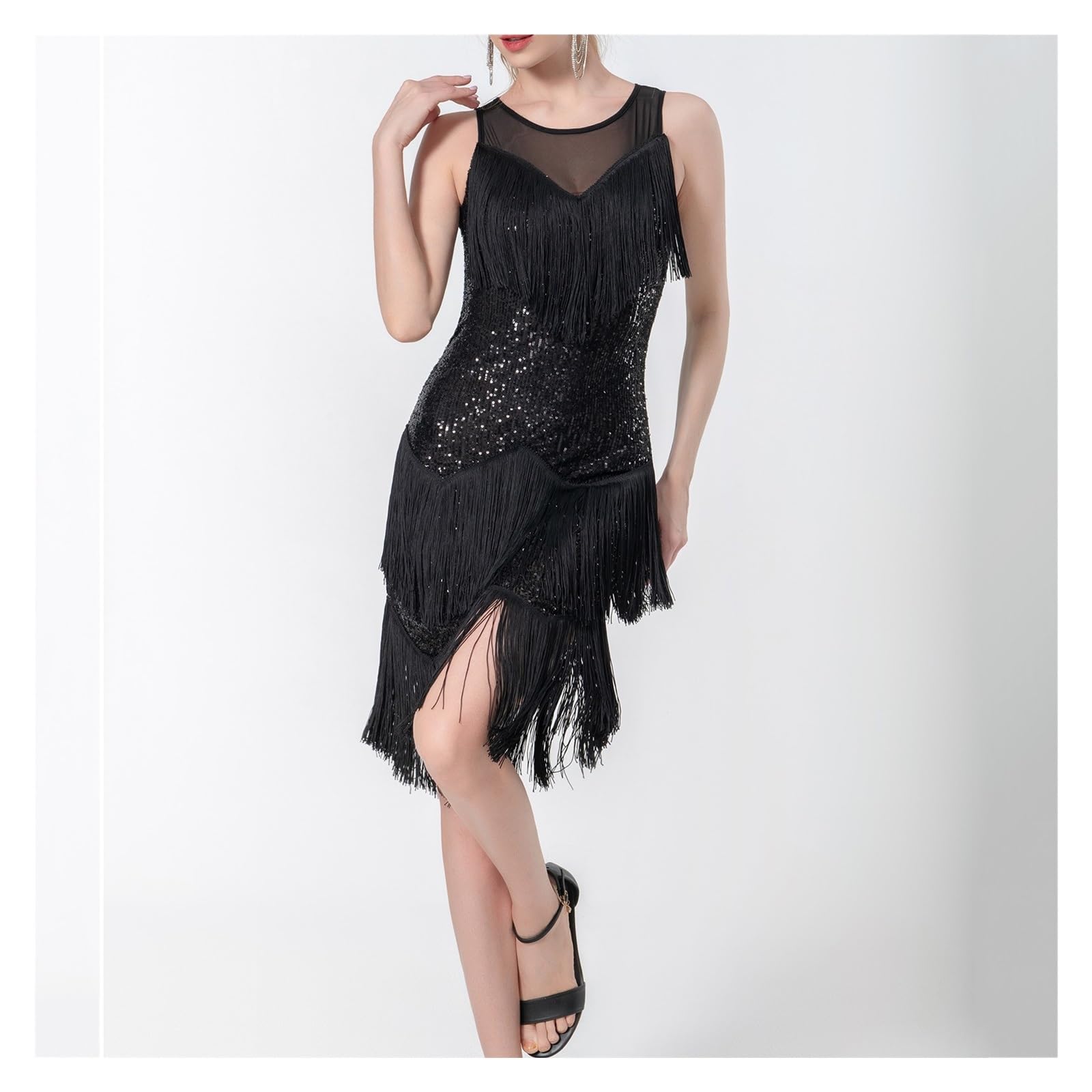 HWJFDC Tassel Dress Latin Dance Set Ballroom Women Dance Competition Dress Fringe Latin Dancing Costume Tango Salsa Sparkling Shiny Exquisite Sequin(Black,XL)