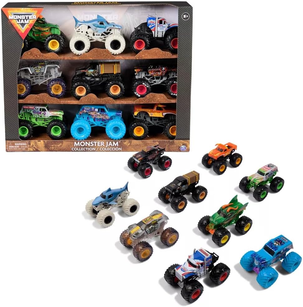 Monster Jam 1:64 Scale Die-Cast Monster Truck Collection 9-Pack – Exclusive Set with Grave Digger, Megalodon, El Toro Loco & More – Official Spin Master Toys