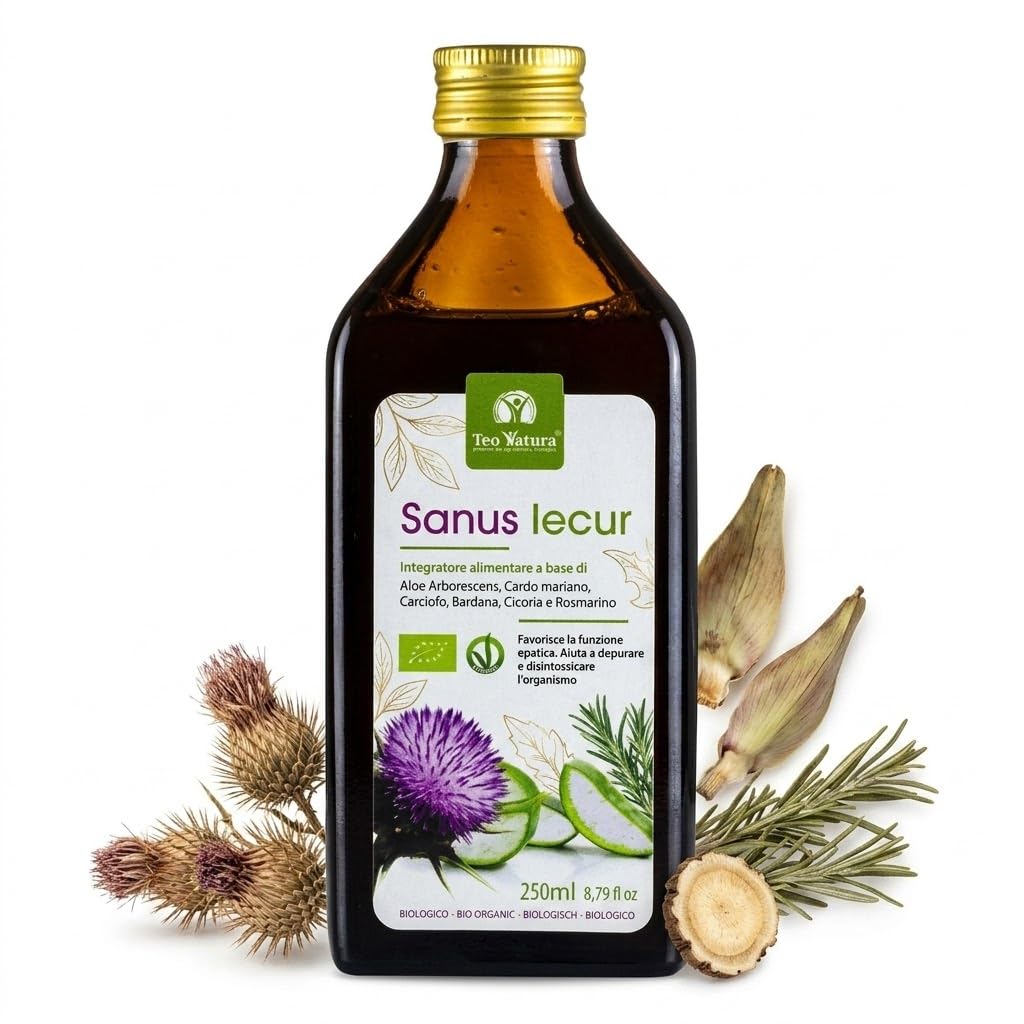 TeoNatura Sanus Iecur – Zumo Biológico Aloe Arborescens & Cardo Mariano | Depurativo, Digestivo, Bienestar Hepático | 6 Hierbas Bio, Vegano, Sin Gluten – 2x250ml Made in Sicily