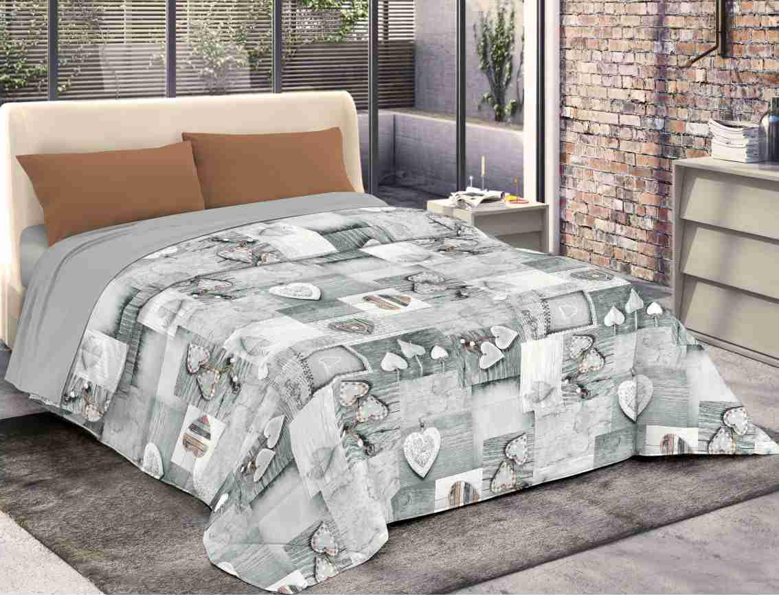 Trapunta Invernale Shabby Chic In Microfibra 300 G/m² – Matrimoniale 260x260 Cm, Cuori Grigio, Made In Italy