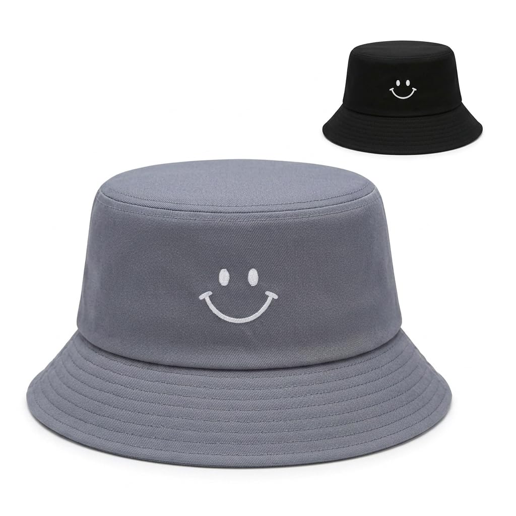 Vorergyllic Girls Multicolour Reversible Kids Smiley Face Bucket Hat, 2 In 1 Cotton Summer Sun Hat, Packable Uv Protection Beach Fisherman Hat For Travel, Festival, Outdoor,Suitable For Ages 2–8 Black Blue