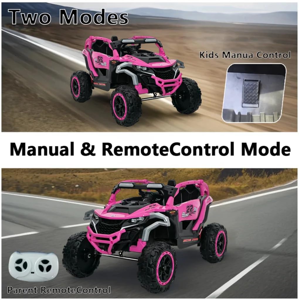 RYH 12V 2-Seater Kids UTV with Remote Control,Electric Ride On Car Truck,Power Wheels with Shock Suspension & LED Lights,Flashlights, Music Player，Outdoor Toys for Boys Girls Ages 3-6 (Magenta)