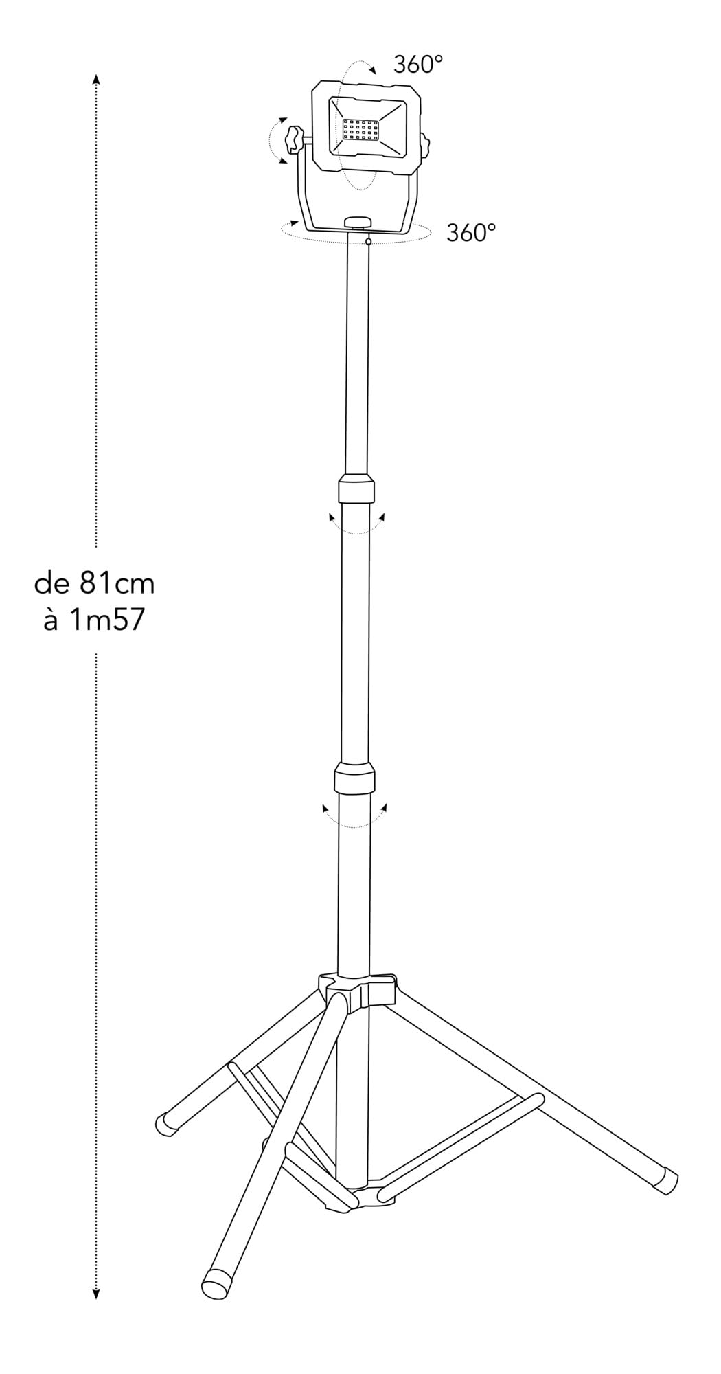 Projecteur LED de chantier filaire sur pied télescopique 20W, 1800 lumens, IP65, IK07, 4000K, garantie 3 ans - Tibelec