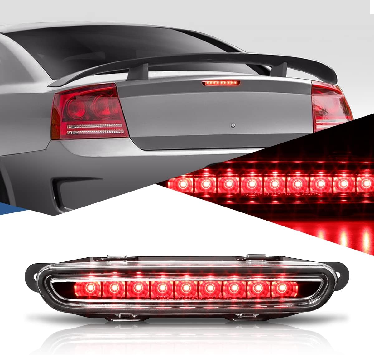 Auto Dynasty LED 3rd Third Brake Light Compatible with 2006 2007 2008 2009 2010 Dodge Charger 06 07 08 09 10, Full LED Rear Center Lamp High Mount Stop light Tail Brake Light, Chrome Housing Red Lens