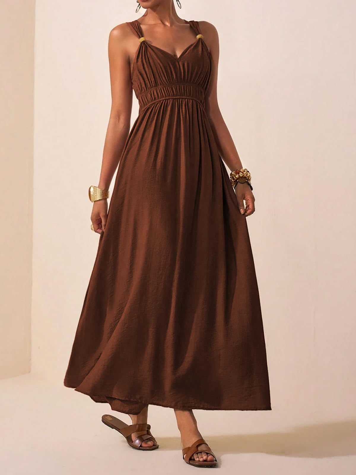 LIAMERHE Damen Maxikleid Elegant V-Ausschnitt Boho A-Linie Taille Haute