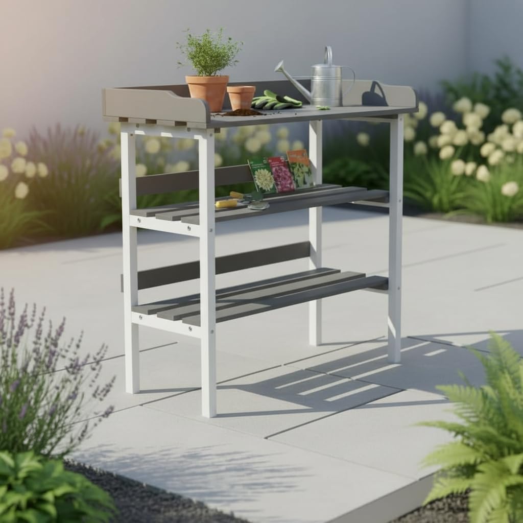 Mucola Pflanztisch Gartenarbeitstisch verzinkte Arbeitsplatte 84x78x38 cm | Gärtnertisch aus Fichtenholz, 2 Ablageböden und 3 Haken, Grau Weiß, für Balkon, Terrasse und Gewächshaus, Lieferung zerlegt