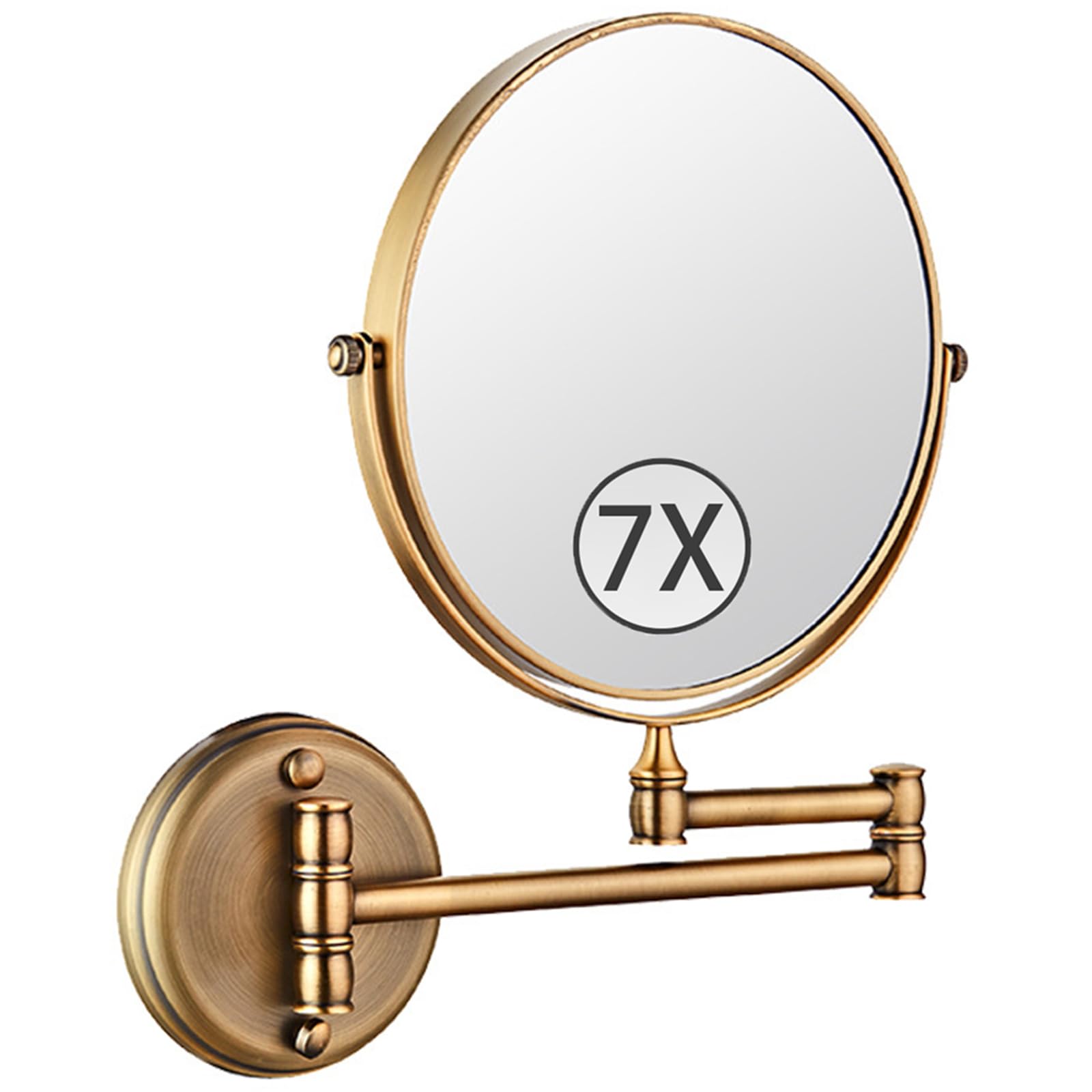 SXFSDOU 8" Wall Mounted Makeup Mirror with Magnification, Double Sided Magnifying Mirror, Rotatable Extendable Arm Bathroom Vanity Mirror,Brass,7X