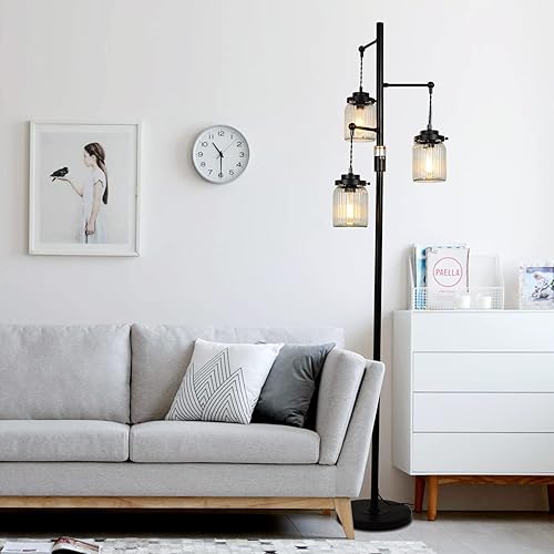 Miniatura 7 de Lámpara rústica industrial de granja con 3 pantallas de vidrio, lámparas de pie altas con interruptor regulable, base resistente, lámparas de pie