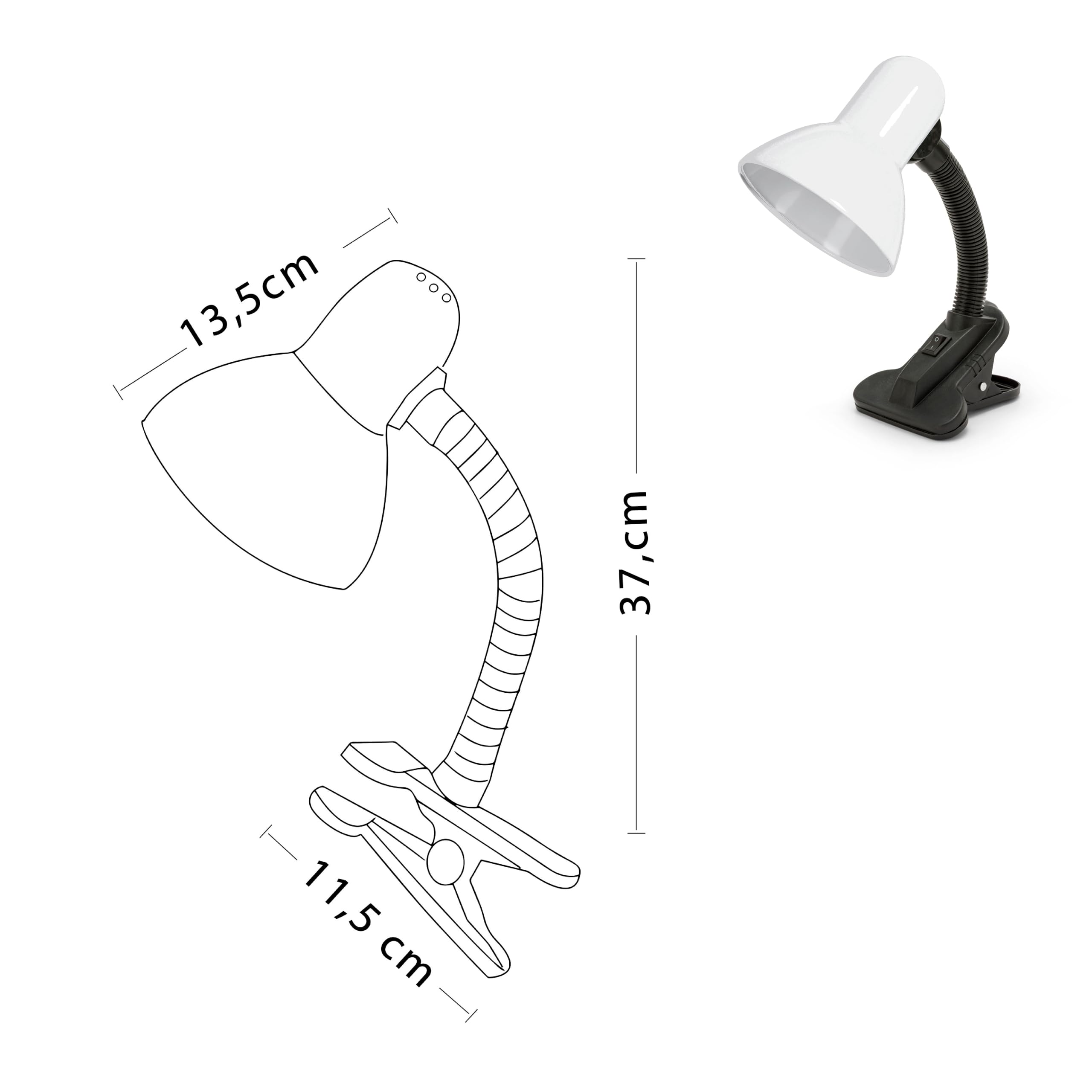 Velamp Lampa z klipsem, E27, kompatybilna z LED, elastyczne ramię, z kablem i przełącznikiem, do pokoju dziecięcego, biurka, metalu, 6 W, biała